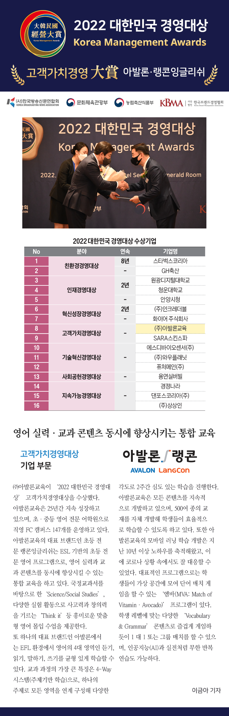 2022 대한민국 경영 대상 수상